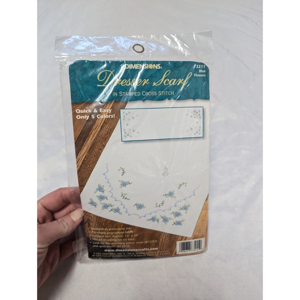 Dimensions Blue Flowers Dresser Scarf 14" x 39" #73211 New Stamped Cross Stitch
